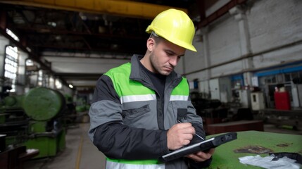 Fototapeta premium Worker in industrial setting taking notes with tablet