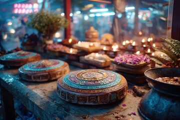 Fototapeta premium Colorful offerings and illuminated candles on a market table, showcasing intricate designs, fragrant flowers, and a vibrant atmosphere in a cultural celebration