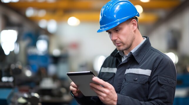 Male worker in factory using tablet for work related tasks