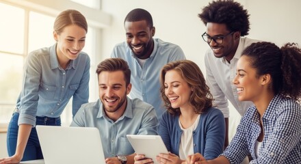A group of diverse people collaborating on a laptop