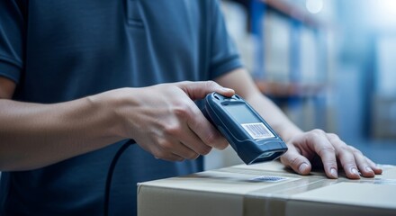Warehouse worker scanning barcode on package with handheld scanner