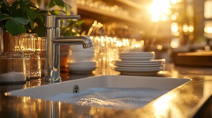 Kitchen sink with stainless steel faucet and dishes drying on the side