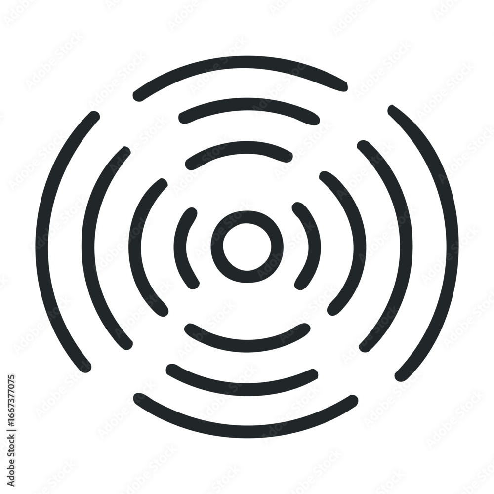 Poster sound waves emitting from central point abstract graphic design digital environment minimalist view.