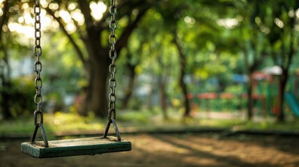 An empty swing set sways gently in a sunlit park, the background softly blurred