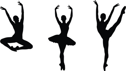 Ballerina silhouettes in various dance poses, elegant ballet dancer, performing arts, female figure, graceful motion, isolated on white