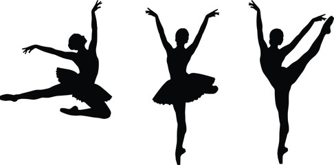 Ballerina silhouettes performing ballet poses, elegant female dancers, artistic movement, graceful jump, tutu costume, isolated on white background