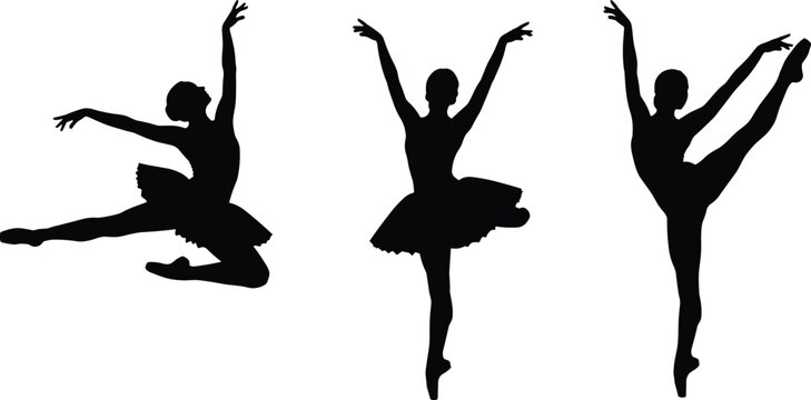Ballerina silhouettes performing ballet poses, elegant female dancers, artistic movement, graceful jump, tutu costume, isolated on white background