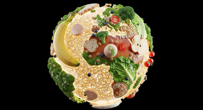 3D glowing globe made of food items, caption “Global Food Waste Awareness”.