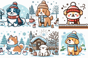 winter dog vector set illustration