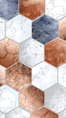 Hexagonal Tile Pattern with Blue, White, and Gold Tones