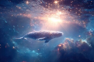 Fototapeta premium Cosmic Journey of a Majestic Whale Swimming Through Nebulae and Stars, Illuminated by Ethereal Light Beneath the Surface of a Vibrant Galaxy