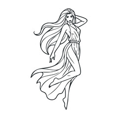 Elegant line art of a woman in flowing dress fashion illustration studio environment artistic viewpoint. Vector outline illustration