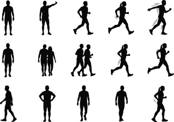 Silhouettes of people running, walking, standing, couple together, jogging figures, fitness movement vector, active man and woman, exercise poses