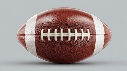 Close-up of a brown American football, showing its stitched leather surface and prominent white stripes