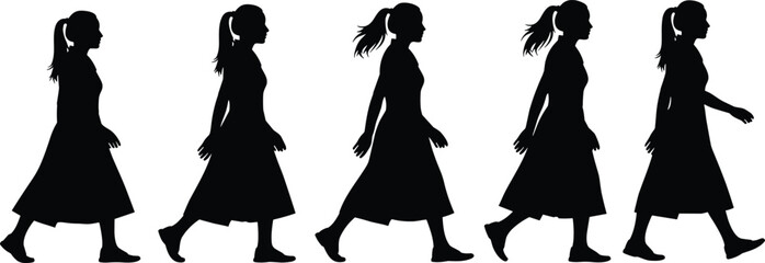 Young woman walking silhouette, ponytail girl, side profile, casual dress, moving forward, female figure, black vector, isolated on white background, walking motion