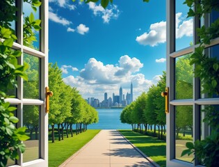 Obraz premium Open window view of a lush park and city skyline