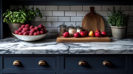 Marble kitchen countertop with fresh fruit bowl and cutting board
