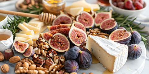 Fototapeta premium Gourmet cheese board with fresh figs, nuts, and honey for a delightful gathering.