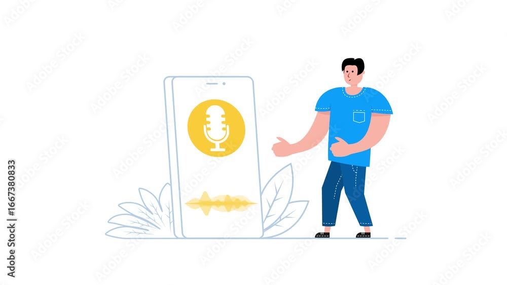 Poster man presenting voice assistant app on smartphone with white and green screen background