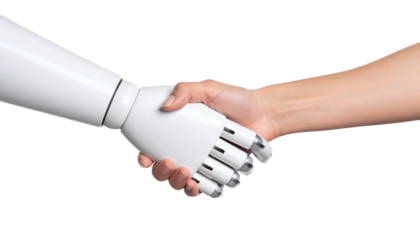 Human and robotic handshake symbolizes technology, innovation, and future collaboration for business success