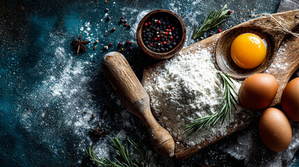 Still life of baking ingredients with flour eggs and rolling pin on wood.