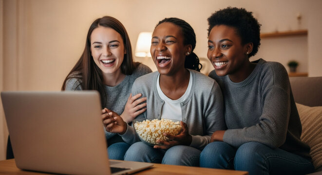 Cheerful Diverse Friends Laughing and Watching Entertainment Using Laptop at Home