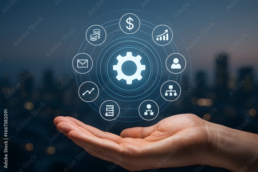 Poster a hand holding a virtual interface of gears and icons representing business and technology.
