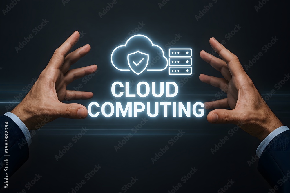 Poster two hands reaching out towards an illuminated cloud computing graphic.