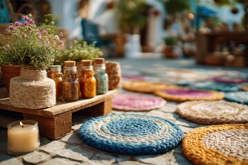 Cozy Outdoor Setting Featuring Colorful Round Rugs, Potted Plants, Jars of Spices, and a Flickering Candle in a Charming Stone Pathway Environment