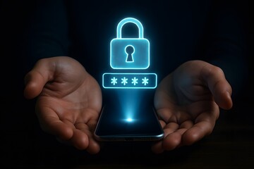 Hands holding a phone with a glowing lock icon, symbolizing digital security. 