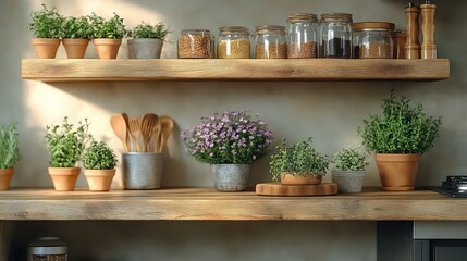 Minimalist kitchen shelf with decorative items and potted plants