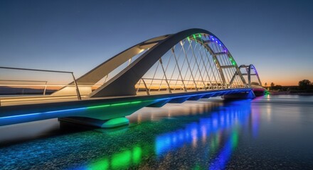 Obraz premium Arched Bridge with Colorful Lights Reflecting in Water at Dusk