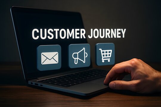 Laptop showing customer journey interface. Concept of marketing funnel and consumer experience.