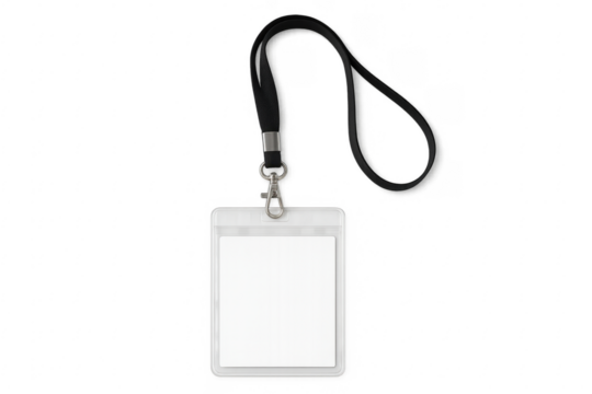 Blank vertical badge with black lanyard on transparent background