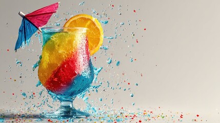 Vibrant layered cocktail in a hurricane glass, splashed with colorful liquid, garnished with an orange slice and a tiny paper umbrella against a muted background