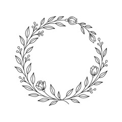 Okrągła ramka z motywem botanicznym, listkami i kwiatami. Wzór na karty, voucher, życzenia i zaproszenia ślubne.