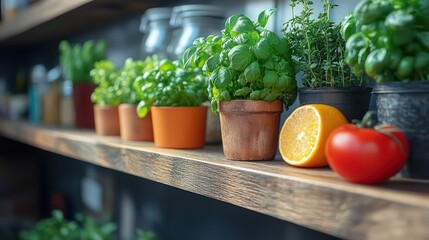 Minimalist kitchen shelf with decorative items and potted plants