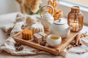 Cozy Tea Time Arrangement with Elegant Teapot, Traditional Sweets and Decorative Accessories in a Warm and Inviting Setting for Relaxation