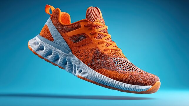 Bright orange athletic shoe levitates against a vibrant blue background - Powered by Adobe