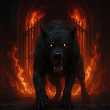 Hellhound emerging from fiery gates of the underworld, cinematic demonic dog concept art, epic horror fantasy photography