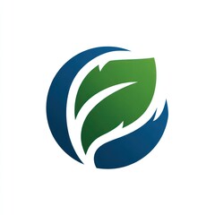 Green leaf nestled within blue circular embrace on a white background