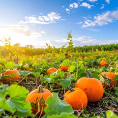 Obraz premium Pumpkins in a field under a beautiful sky