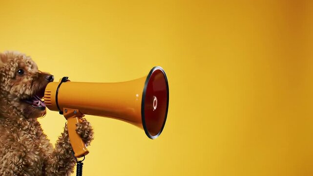 Poodle dog speaking into megaphone on yellow background