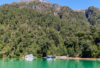 Naklejka premium Sailing Lake Frias from Puerto Alegre to Puerto Frias, Rio Negro Province, Patagonia, Argentina.