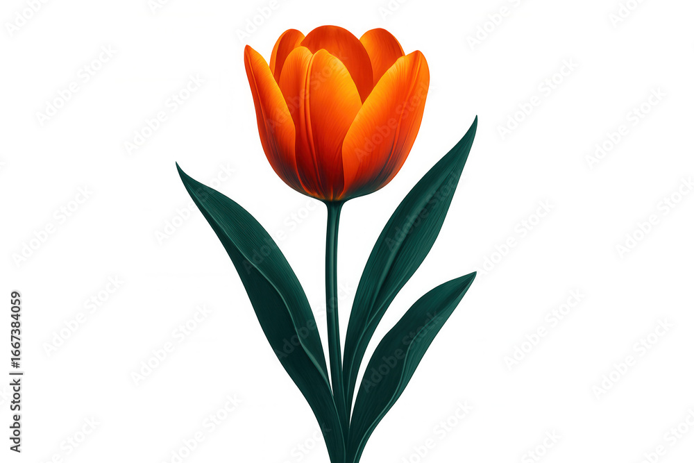 Poster realistic 3d rendering of a single orange tulip with green leaves, isolated on a transparent backgro