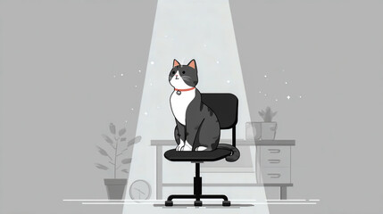 Flat vector illustration of a cute cat sitting on an office chair, with a minimalistic background in white and light grey colors