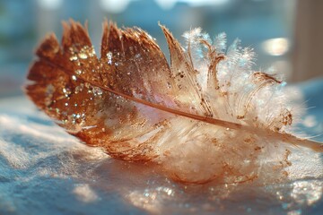 Delicate Feather with Sparkling Texture and Soft Light, Captured in a Serene Environment, Showcasing Nature's Beauty and Fragility in a Close-Up Composition