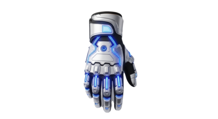 Futuristic cyber glove silver and blue technology glove for gaming and virtual reality experience gear 100 on transparent background
