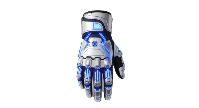 Futuristic cyber glove silver and blue technology glove for gaming and virtual reality experience gear 100 on transparent background - Powered by Adobe