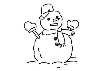 手描きのラフな雪ダルマの白黒のシンプルなイラスト